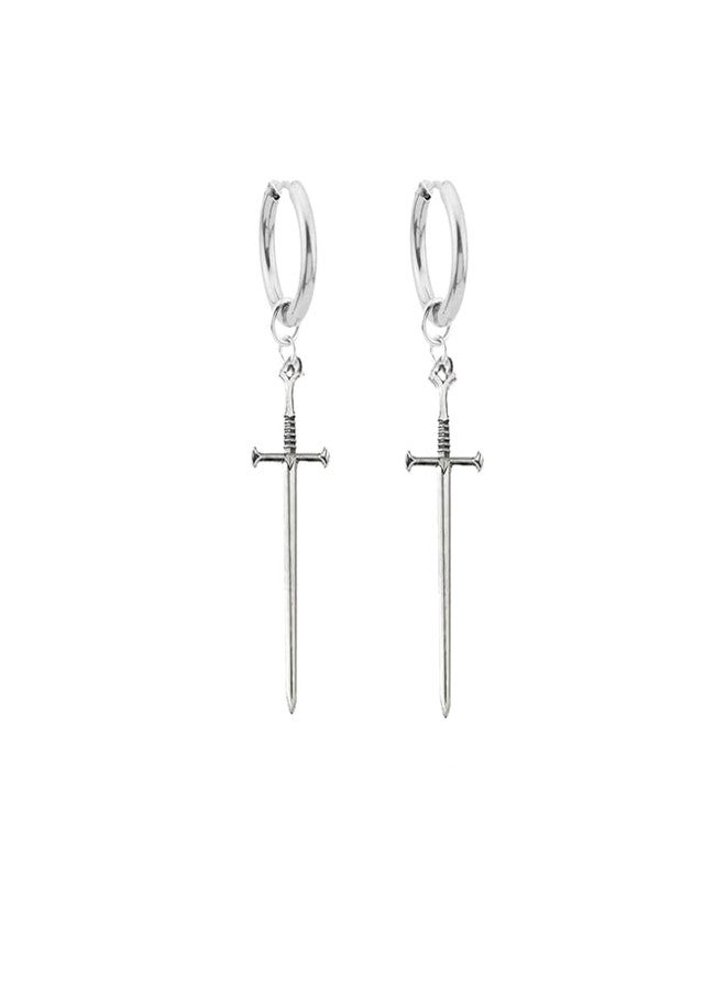 Modpide Punk Gothic Long Dagger Sword Huggie Hoop Earrings Halloween Earrings for Women Men Minimalist Samll Hoops earrings (Antique Silver) - Image 1